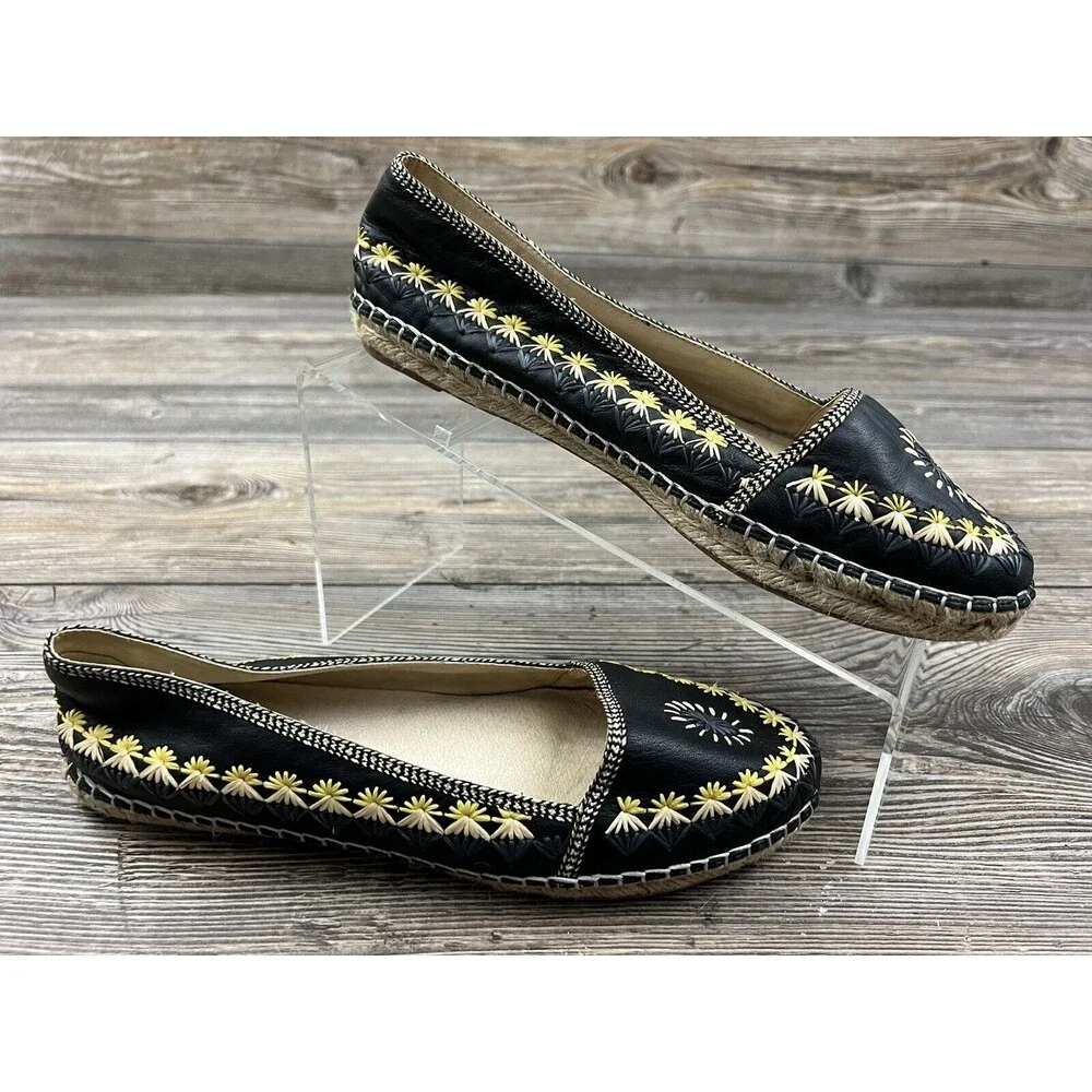 House of Harlow‎ 1960 Shoes Leather Embroidered Espadrille Black Floral US 7.5